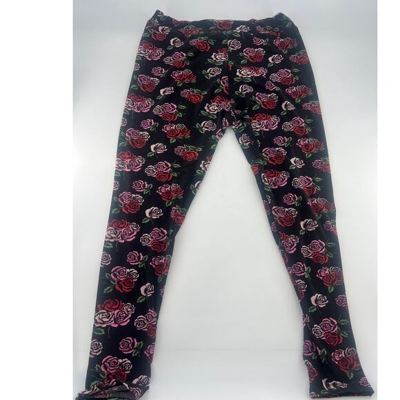 Lularoe Leggings Womens TC2 Plus Size 16-24 Black Pink Roses Stretchy Floral - Picture 1 of 7